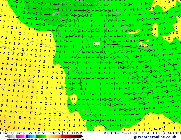 Height/Temp. 700 hPa ECMWF Mi 08.05.2024 18 UTC