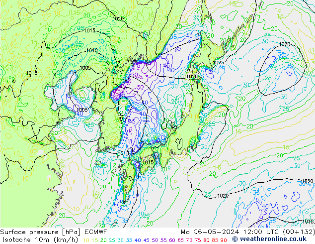 Izotacha (km/godz) ECMWF pon. 06.05.2024 12 UTC