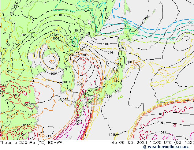 Theta-e 850hPa ECMWF Pzt 06.05.2024 18 UTC