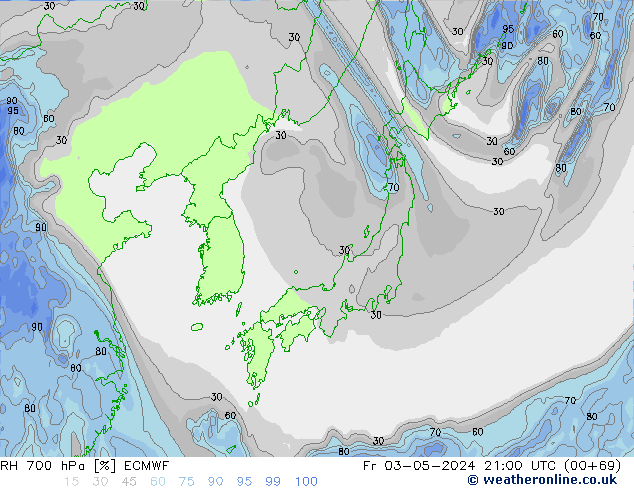 RH 700 hPa ECMWF Fr 03.05.2024 21 UTC