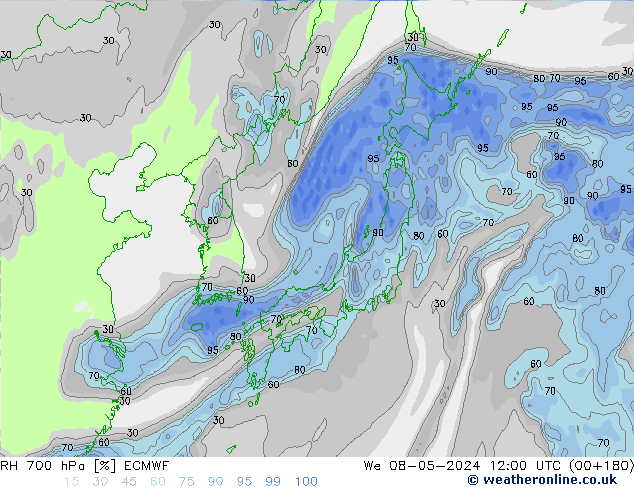 RH 700 hPa ECMWF Qua 08.05.2024 12 UTC