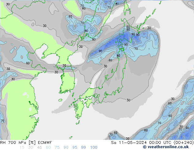 Humedad rel. 700hPa ECMWF sáb 11.05.2024 00 UTC