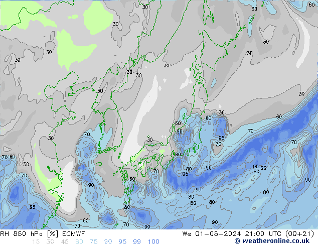 RH 850 hPa ECMWF We 01.05.2024 21 UTC