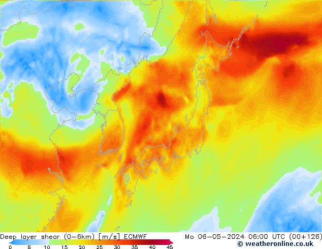 Deep layer shear (0-6km) ECMWF ma 06.05.2024 06 UTC