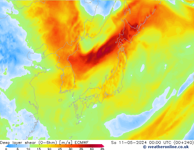 Deep layer shear (0-6km) ECMWF sáb 11.05.2024 00 UTC