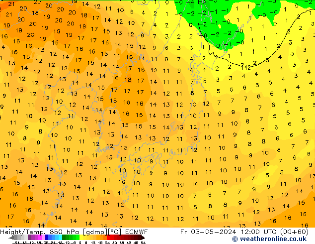 Height/Temp. 850 гПа ECMWF пт 03.05.2024 12 UTC