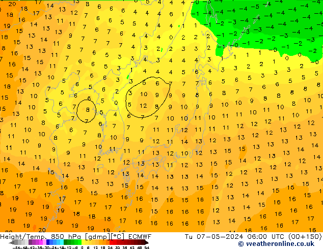 Height/Temp. 850 hPa ECMWF Di 07.05.2024 06 UTC