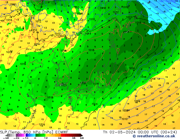 SLP/Temp. 850 hPa ECMWF Th 02.05.2024 00 UTC