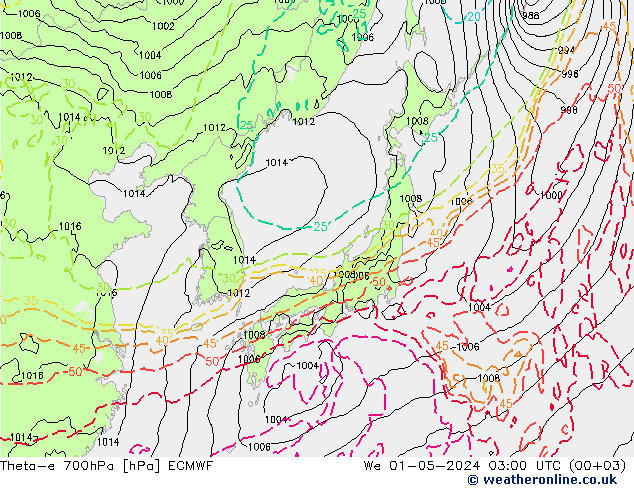 Theta-e 700hPa ECMWF Qua 01.05.2024 03 UTC