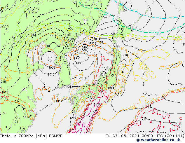 Theta-e 700hPa ECMWF Tu 07.05.2024 00 UTC