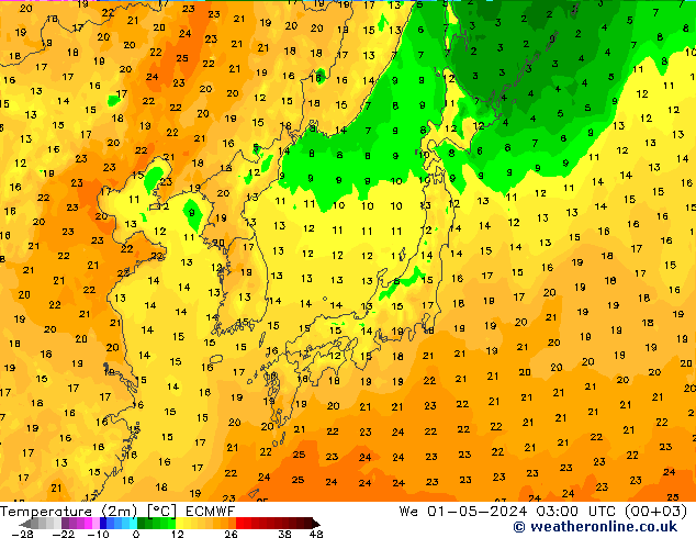 Temperature (2m) ECMWF We 01.05.2024 03 UTC