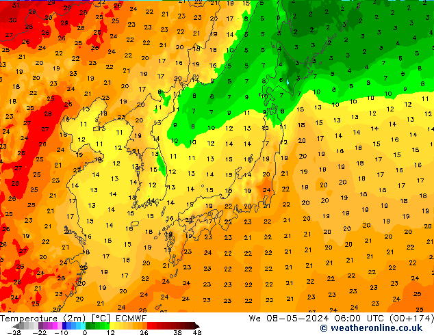 Temperatura (2m) ECMWF mié 08.05.2024 06 UTC