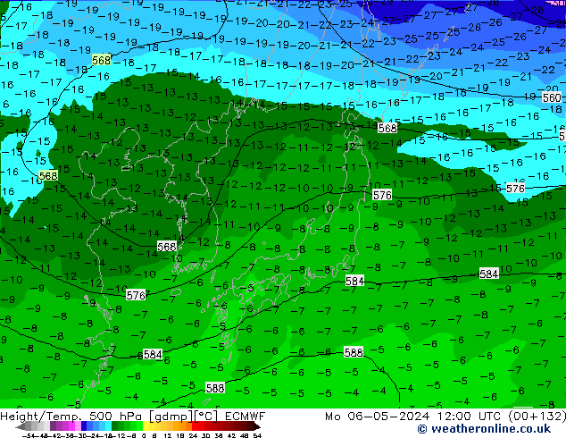 Z500/Rain (+SLP)/Z850 ECMWF Mo 06.05.2024 12 UTC