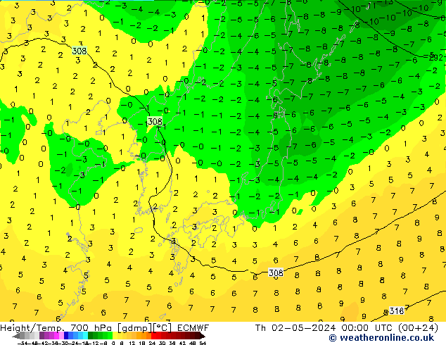 Height/Temp. 700 hPa ECMWF Th 02.05.2024 00 UTC