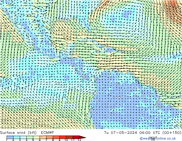 Rüzgar 10 m (bft) ECMWF Sa 07.05.2024 06 UTC