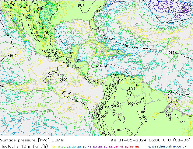 Isotachs (kph) ECMWF mer 01.05.2024 06 UTC