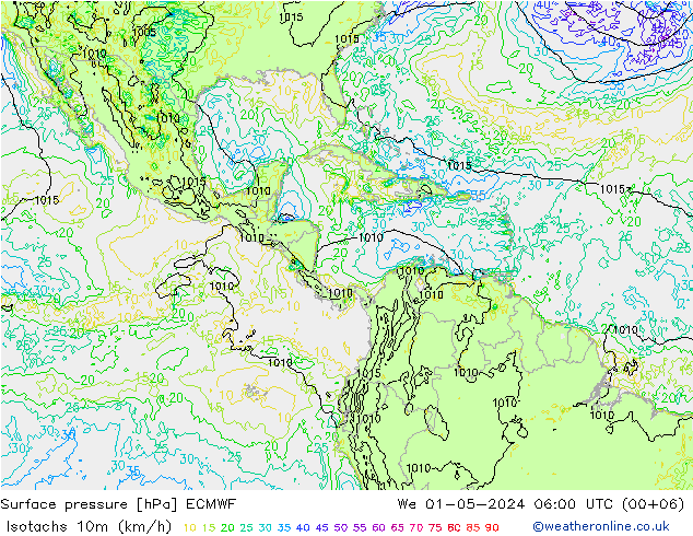 Isotachs (kph) ECMWF St 01.05.2024 06 UTC