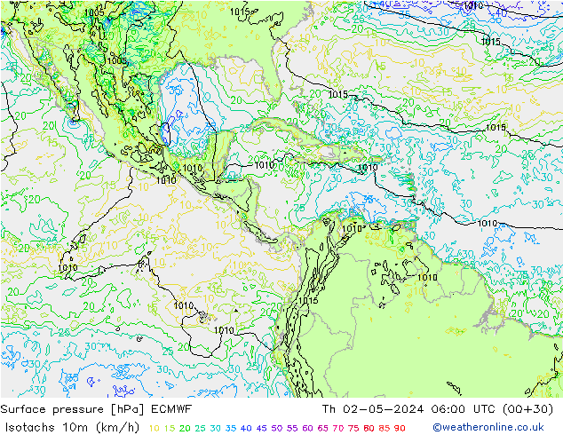 Isotachs (kph) ECMWF Čt 02.05.2024 06 UTC