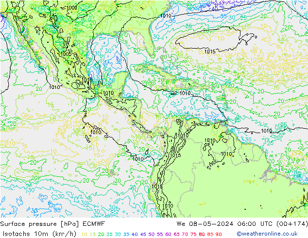 Isotachs (kph) ECMWF mer 08.05.2024 06 UTC