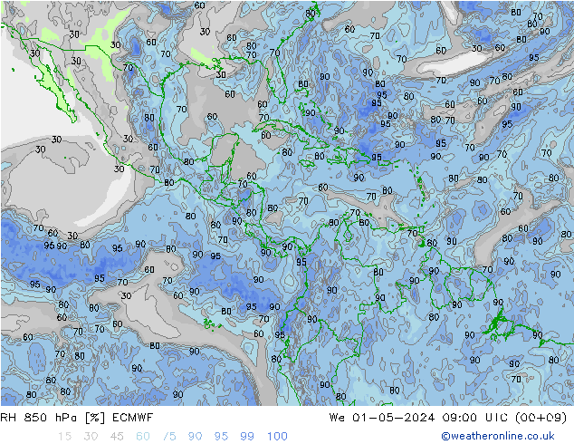 RH 850 hPa ECMWF We 01.05.2024 09 UTC