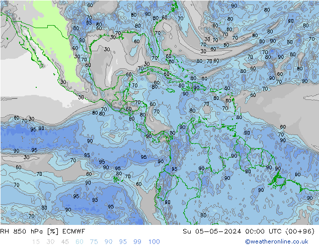 RH 850 hPa ECMWF nie. 05.05.2024 00 UTC