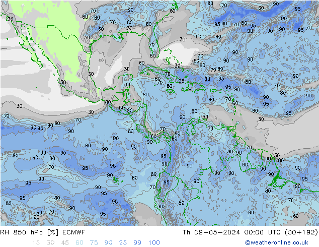 RH 850 гПа ECMWF чт 09.05.2024 00 UTC