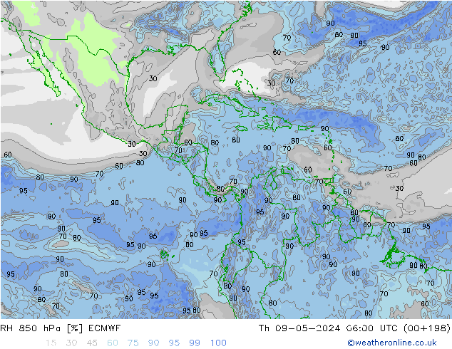 RH 850 hPa ECMWF Qui 09.05.2024 06 UTC