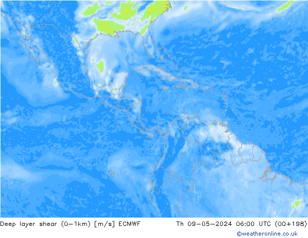 Deep layer shear (0-1km) ECMWF Th 09.05.2024 06 UTC