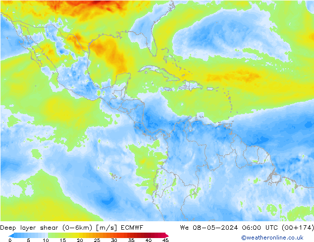 Deep layer shear (0-6km) ECMWF mer 08.05.2024 06 UTC