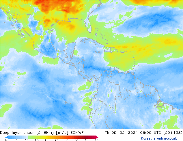 Deep layer shear (0-6km) ECMWF Th 09.05.2024 06 UTC