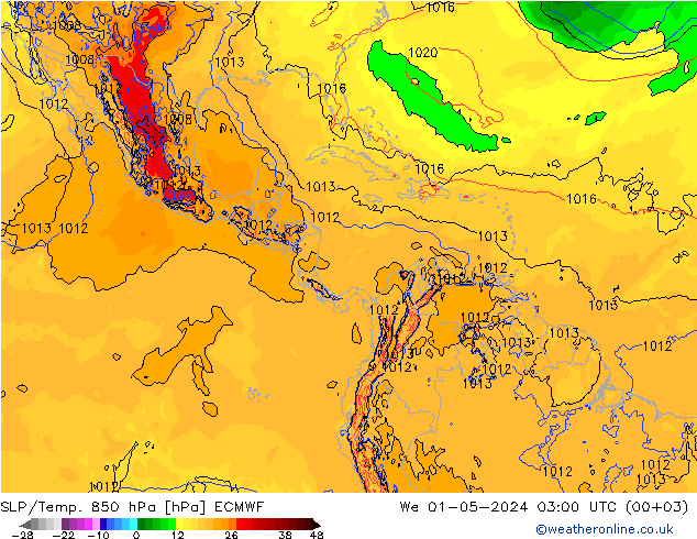 SLP/Temp. 850 гПа ECMWF ср 01.05.2024 03 UTC