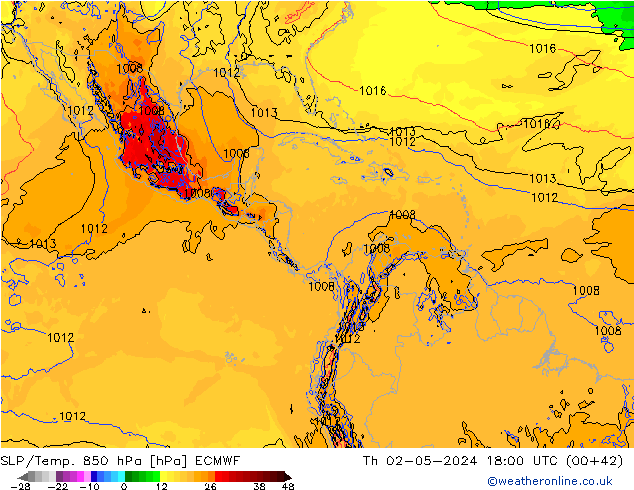 SLP/Temp. 850 hPa ECMWF Th 02.05.2024 18 UTC