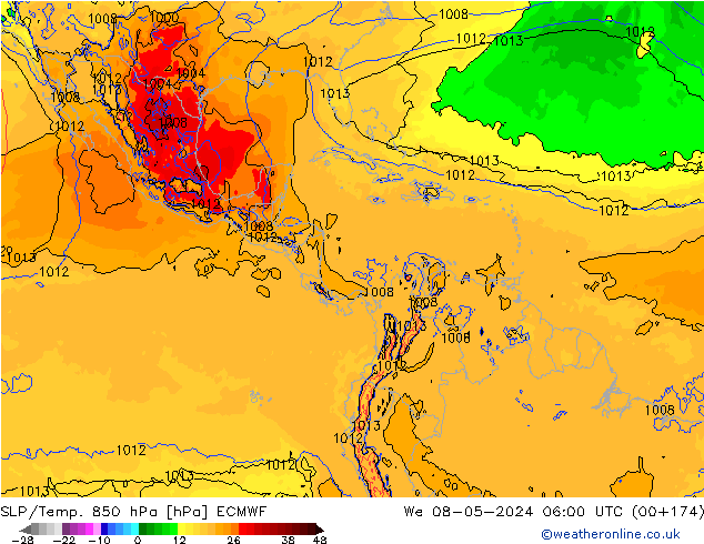 SLP/Temp. 850 hPa ECMWF mer 08.05.2024 06 UTC