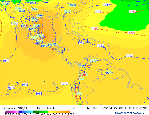 Thck 700-1000 hPa ECMWF Čt 09.05.2024 06 UTC