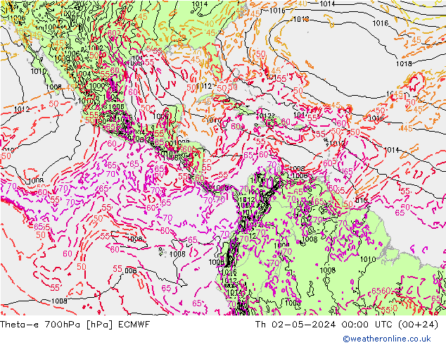 Theta-e 700hPa ECMWF czw. 02.05.2024 00 UTC