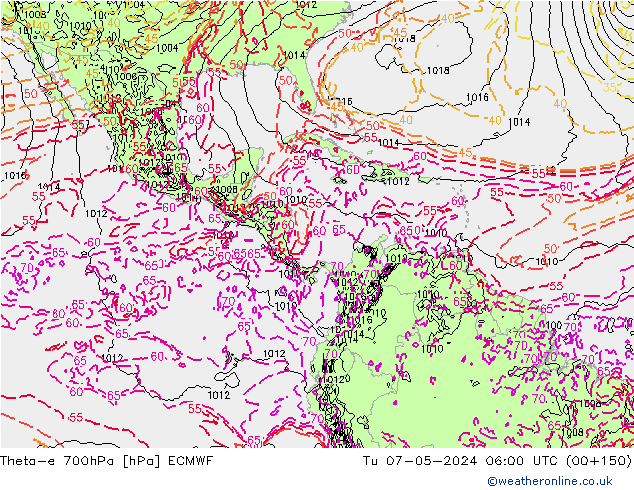 Theta-e 700hPa ECMWF Sa 07.05.2024 06 UTC