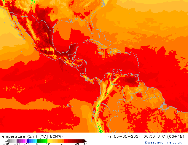 Temperatuurkaart (2m) ECMWF vr 03.05.2024 00 UTC