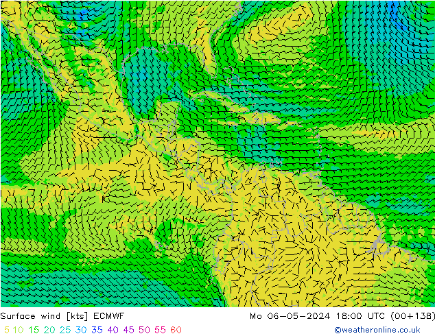 wiatr 10 m ECMWF pon. 06.05.2024 18 UTC