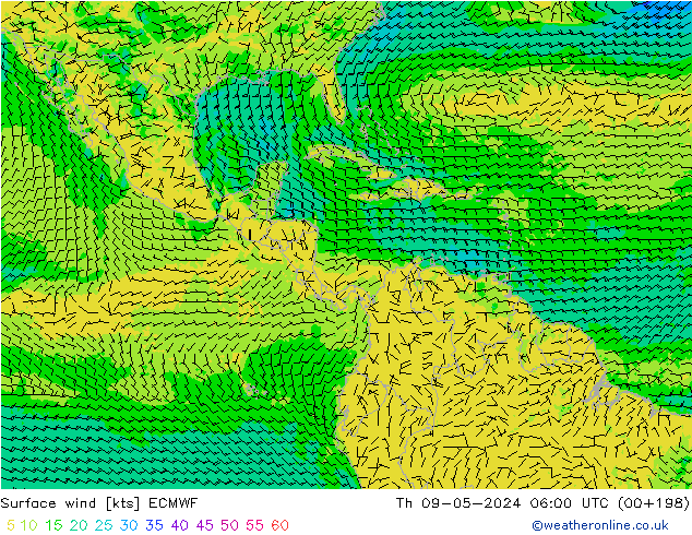 Vento 10 m ECMWF Qui 09.05.2024 06 UTC