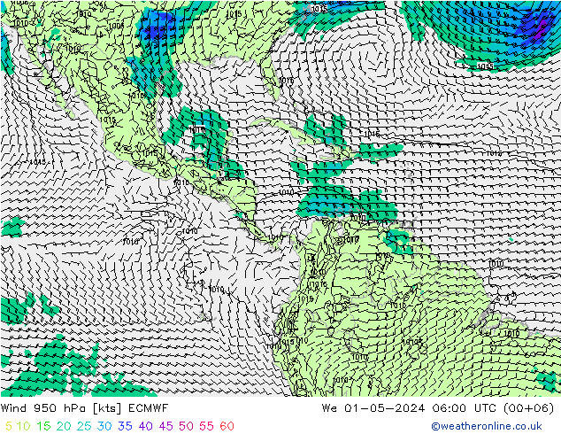 Prec 6h/Wind 10m/950 ECMWF mié 01.05.2024 06 UTC