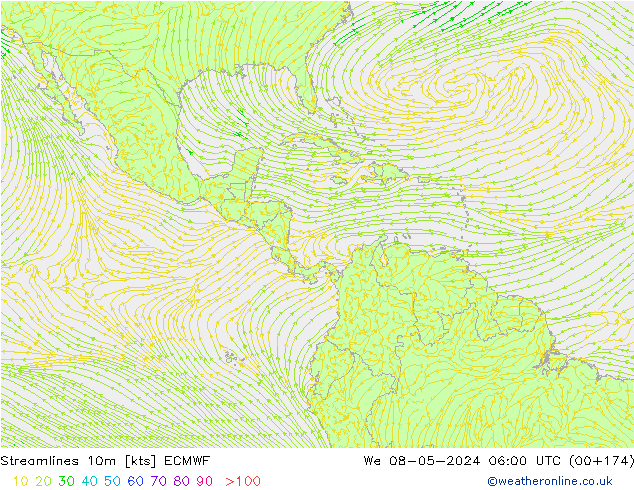 Ligne de courant 10m ECMWF mer 08.05.2024 06 UTC