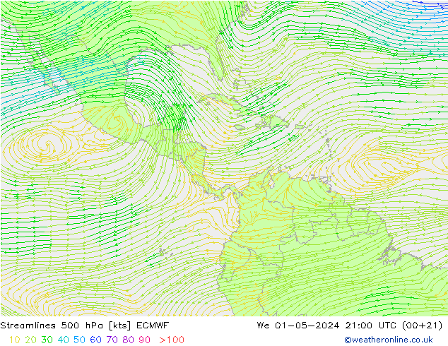 Streamlines 500 hPa ECMWF We 01.05.2024 21 UTC