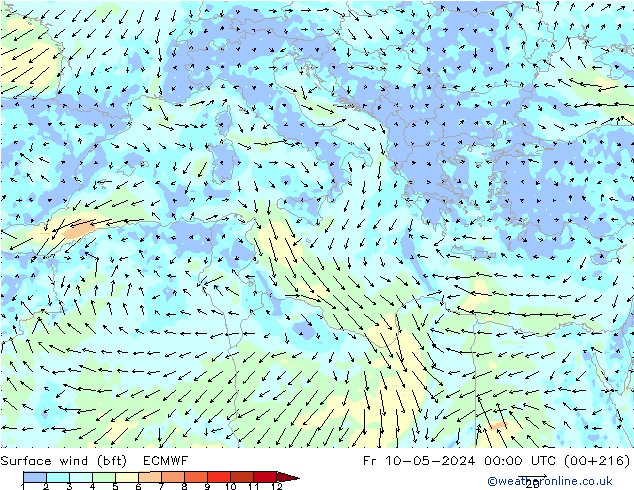 wiatr 10 m (bft) ECMWF pt. 10.05.2024 00 UTC