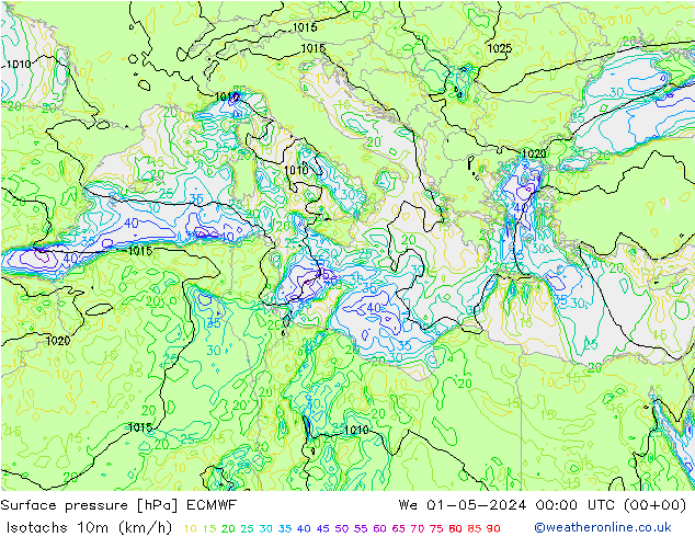 Isotachs (kph) ECMWF  01.05.2024 00 UTC