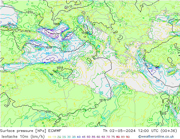 Isotachen (km/h) ECMWF do 02.05.2024 12 UTC