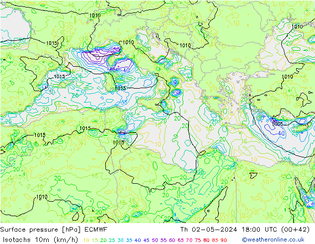 Isotachen (km/h) ECMWF do 02.05.2024 18 UTC