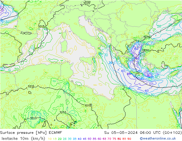 Eşrüzgar Hızları (km/sa) ECMWF Paz 05.05.2024 06 UTC