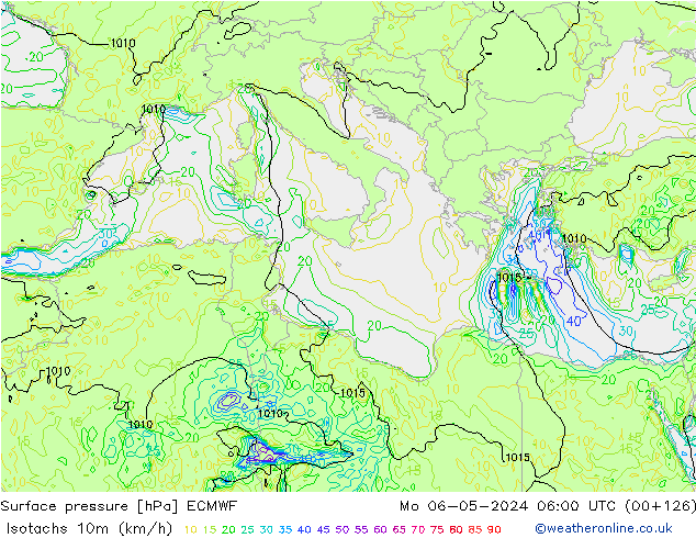 Isotachs (kph) ECMWF  06.05.2024 06 UTC