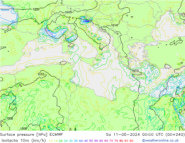 Isotaca (kph) ECMWF sáb 11.05.2024 00 UTC