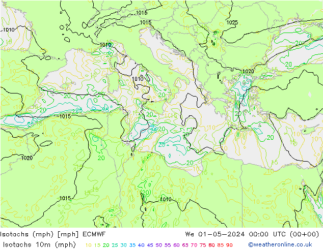 Isotachen (mph) ECMWF Mi 01.05.2024 00 UTC